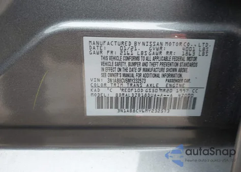 2021 Nissan Sentra Sv Xtronic Cvt z USA, uszkodzony, nr VIN 3N1AB8CV6MY232573